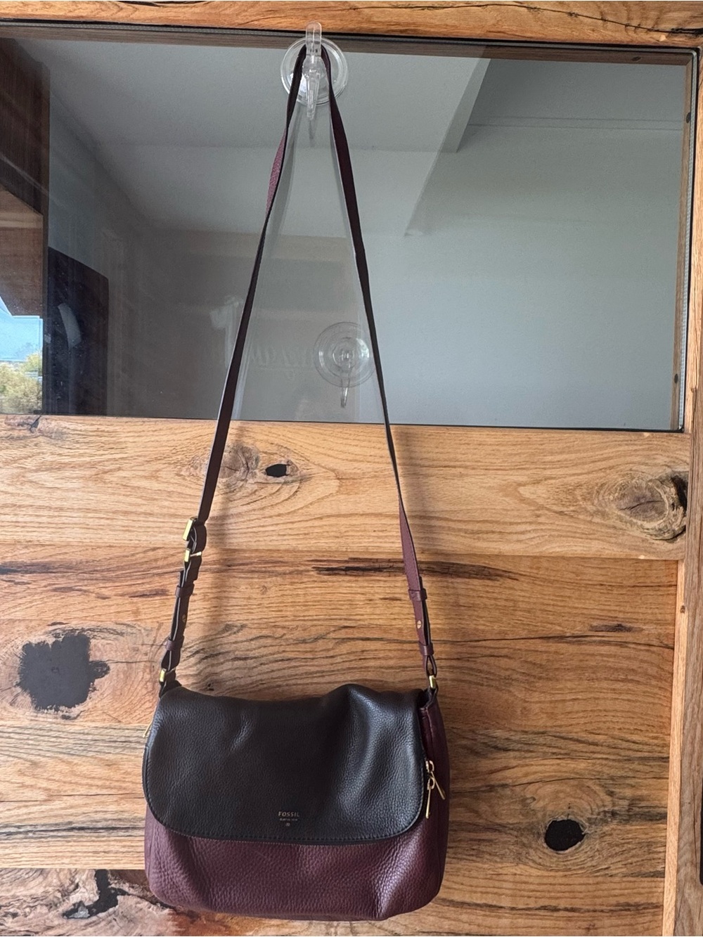 Fossil Preston Pebbled Leather Crossbody Bag Wallet Set Black Burgundy Two Tone